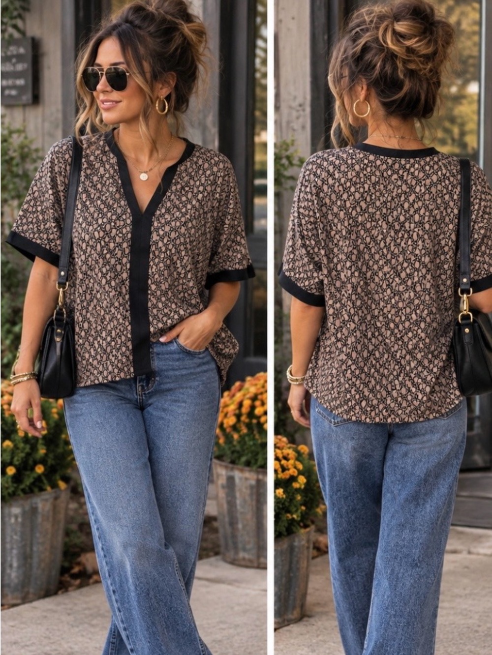 Women’s Short Sleeve V-Neck Printed Blouse - Black Trim (Brown Pattern)